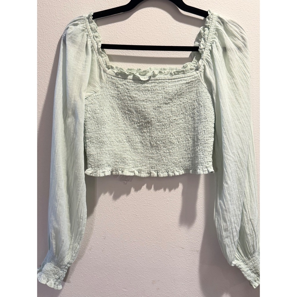 Aerie Light Green Smocked Crop Top Long Balloon Sleeve Ruffle Square Neck Small - Picture 3 of 5